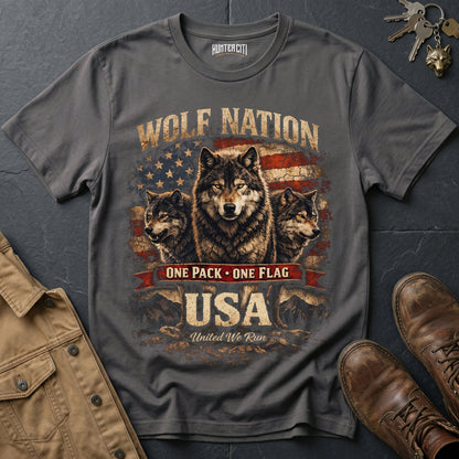 Wolf Nation One Pack One Flag USA T-Shirt Patriotic Wolf Pack Graphic Tee United We Run American Wolf Gift for Men