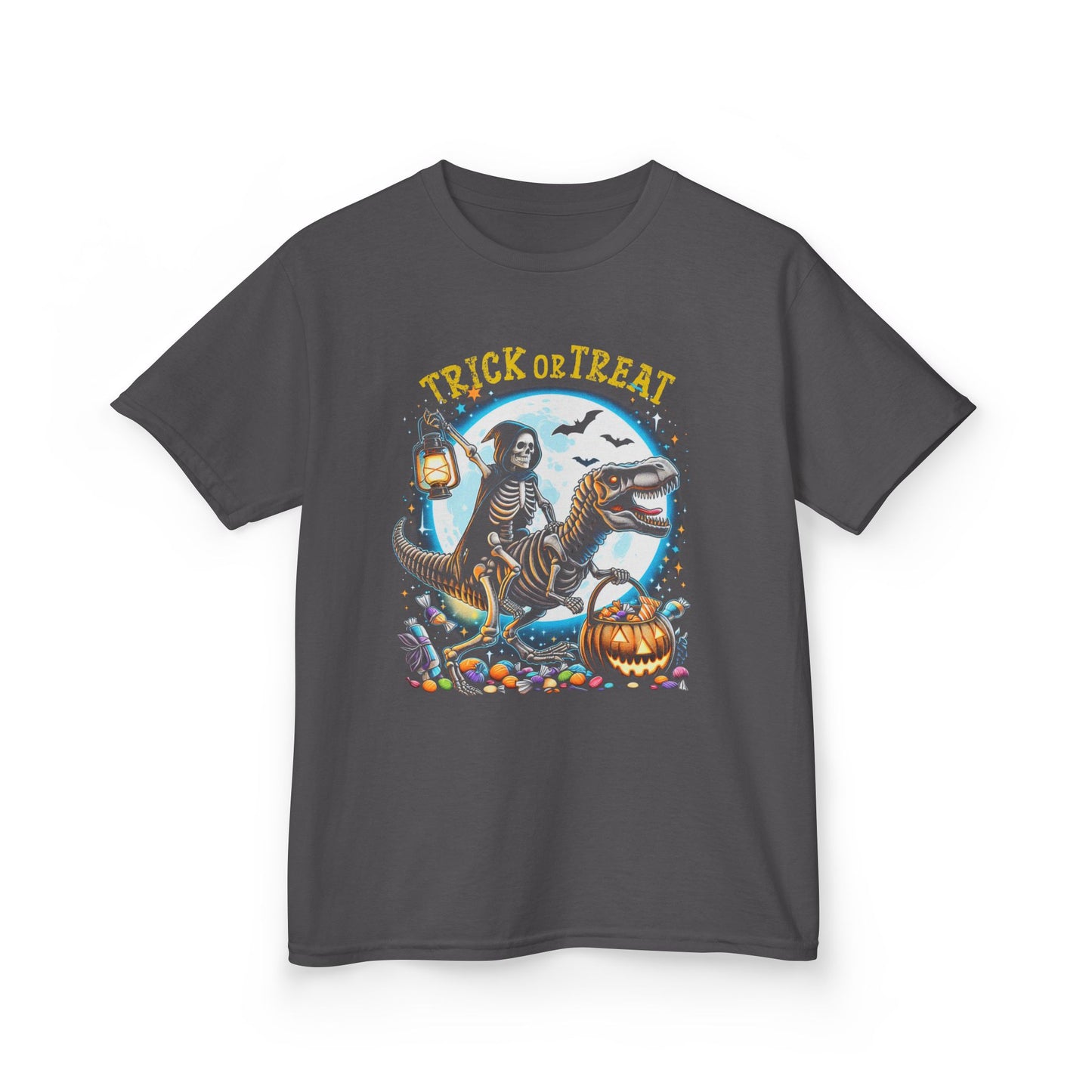 Skeleton Riding Mummy Dinosaur T Rex Halloween Funny Pumpkin Kids T-Shirt - Cute Dinosaur Skeleton Halloween Shirt for Boys & Girls