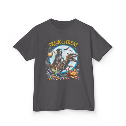 Skeleton Riding Mummy Dinosaur T Rex Halloween Funny Pumpkin Kids T-Shirt - Cute Dinosaur Skeleton Halloween Shirt for Boys & Girls