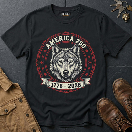 America 250 Wolf Badge T-Shirt - 1776 2026 America Anniversary Classic Wolf Circle Badge Patriotic Tee USA Gift