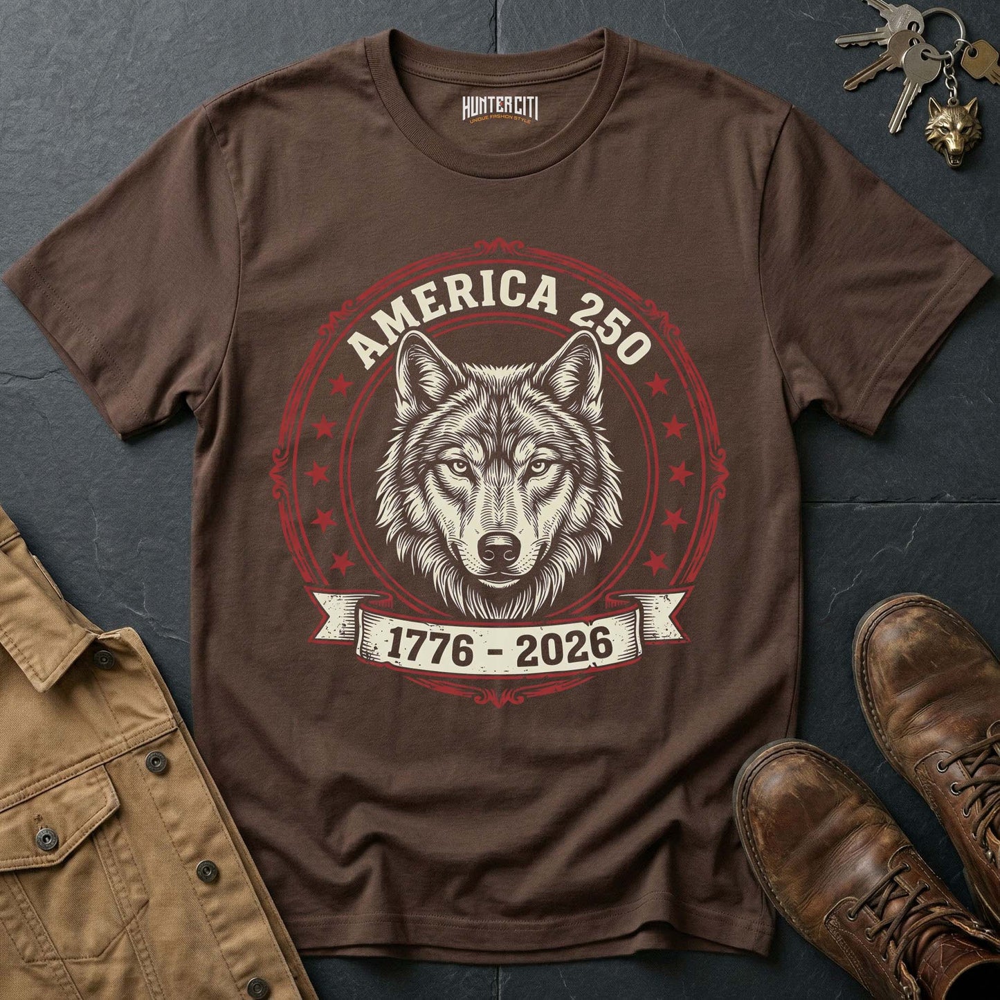 America 250 Wolf Badge T-Shirt - 1776 2026 America Anniversary Classic Wolf Circle Badge Patriotic Tee USA Gift