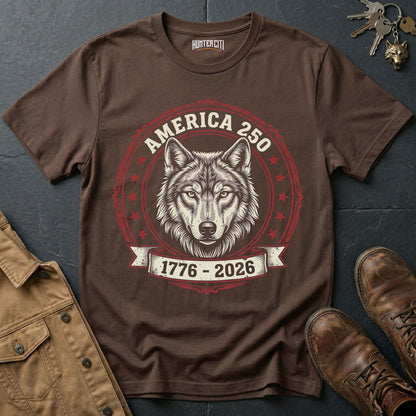 America 250 Wolf Badge T-Shirt - 1776 2026 America Anniversary Classic Wolf Circle Badge Patriotic Tee USA Gift