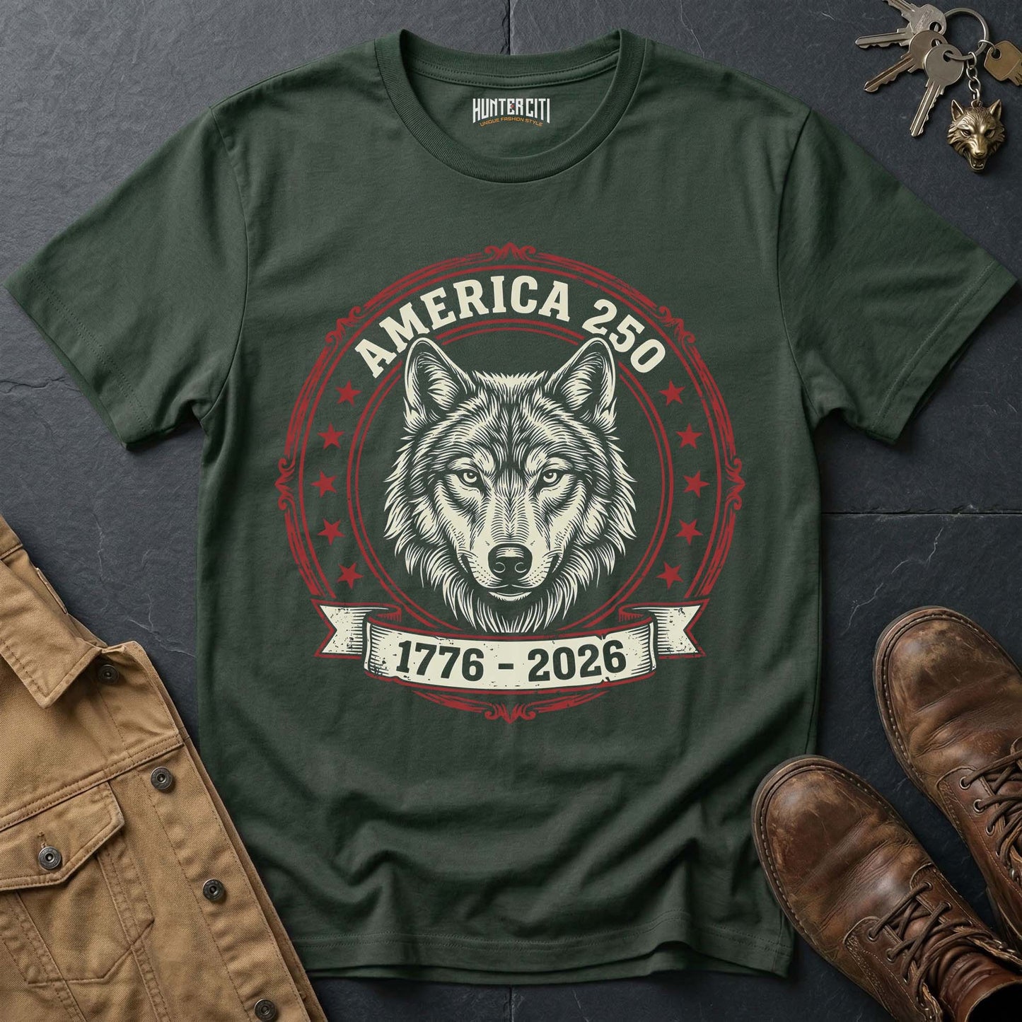America 250 Wolf Badge T-Shirt - 1776 2026 America Anniversary Classic Wolf Circle Badge Patriotic Tee USA Gift