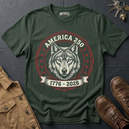 America 250 Wolf Badge T-Shirt - 1776 2026 America Anniversary Classic Wolf Circle Badge Patriotic Tee USA Gift