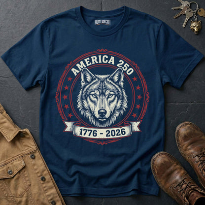 America 250 Wolf Badge T-Shirt - 1776 2026 America Anniversary Classic Wolf Circle Badge Patriotic Tee USA Gift