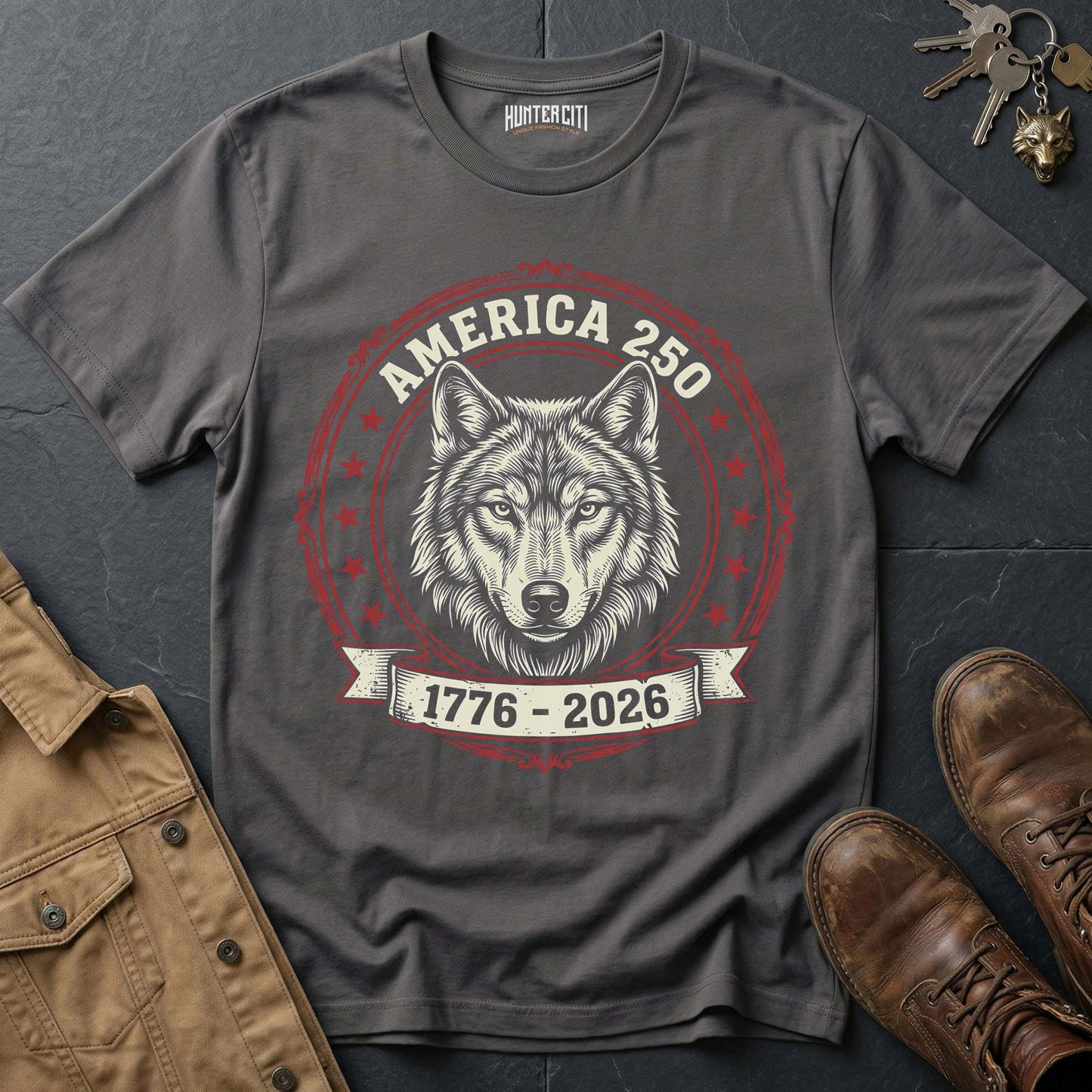 America 250 Wolf Badge T-Shirt - 1776 2026 America Anniversary Classic Wolf Circle Badge Patriotic Tee USA Gift