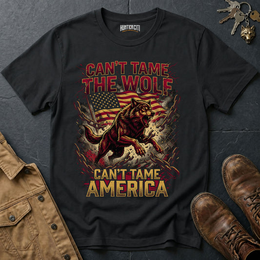 Can't Tame the Wolf Can't Tame America Chain Break T-Shirt - Patriotic Wolf Freedom Graphic Tee USA Gift for Men