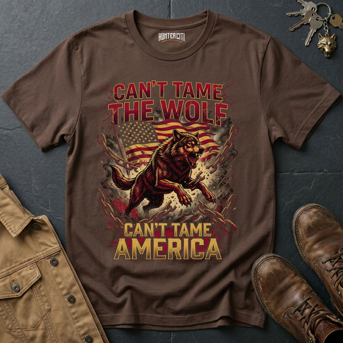 Can't Tame the Wolf Can't Tame America Chain Break T-Shirt - Patriotic Wolf Freedom Graphic Tee USA Gift for Men