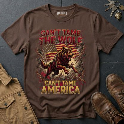 Can't Tame the Wolf Can't Tame America Chain Break T-Shirt - Patriotic Wolf Freedom Graphic Tee USA Gift for Men