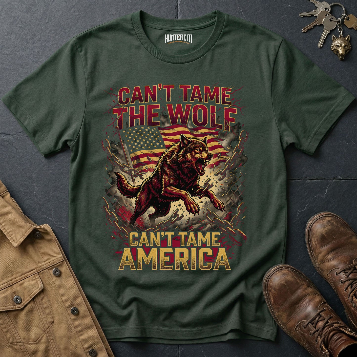 Can't Tame the Wolf Can't Tame America Chain Break T-Shirt - Patriotic Wolf Freedom Graphic Tee USA Gift for Men