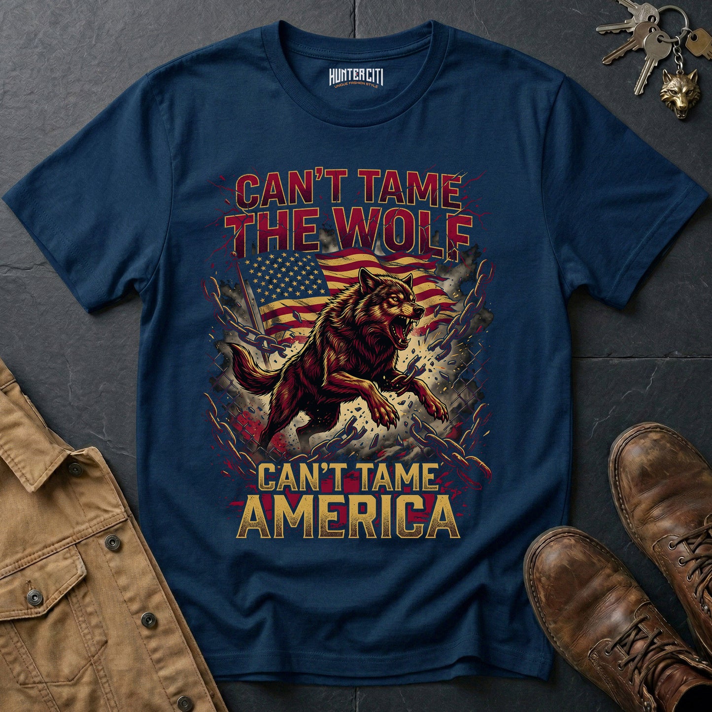 Can't Tame the Wolf Can't Tame America Chain Break T-Shirt - Patriotic Wolf Freedom Graphic Tee USA Gift for Men