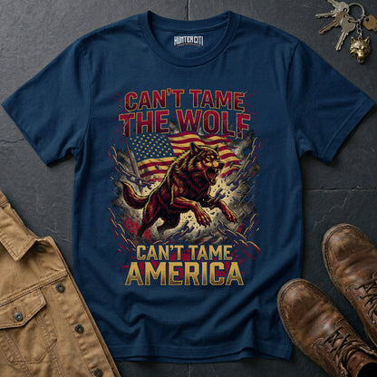 Can't Tame the Wolf Can't Tame America Chain Break T-Shirt - Patriotic Wolf Freedom Graphic Tee USA Gift for Men