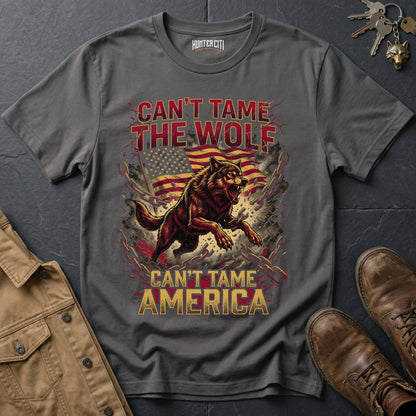 Can't Tame the Wolf Can't Tame America Chain Break T-Shirt - Patriotic Wolf Freedom Graphic Tee USA Gift for Men