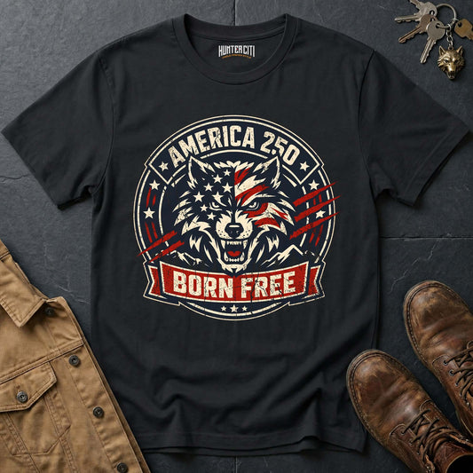 America 250 Born Free T-Shirt - Patriotic Wolf Badge USA Anniversary Graphic Tee 1776 2026 Born Free Gift for Men