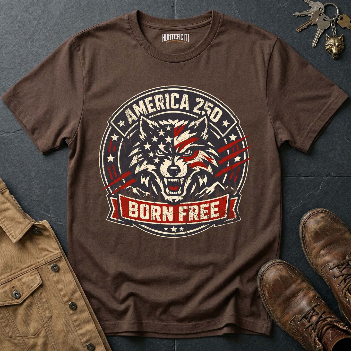 America 250 Born Free T-Shirt - Patriotic Wolf Badge USA Anniversary Graphic Tee 1776 2026 Born Free Gift for Men