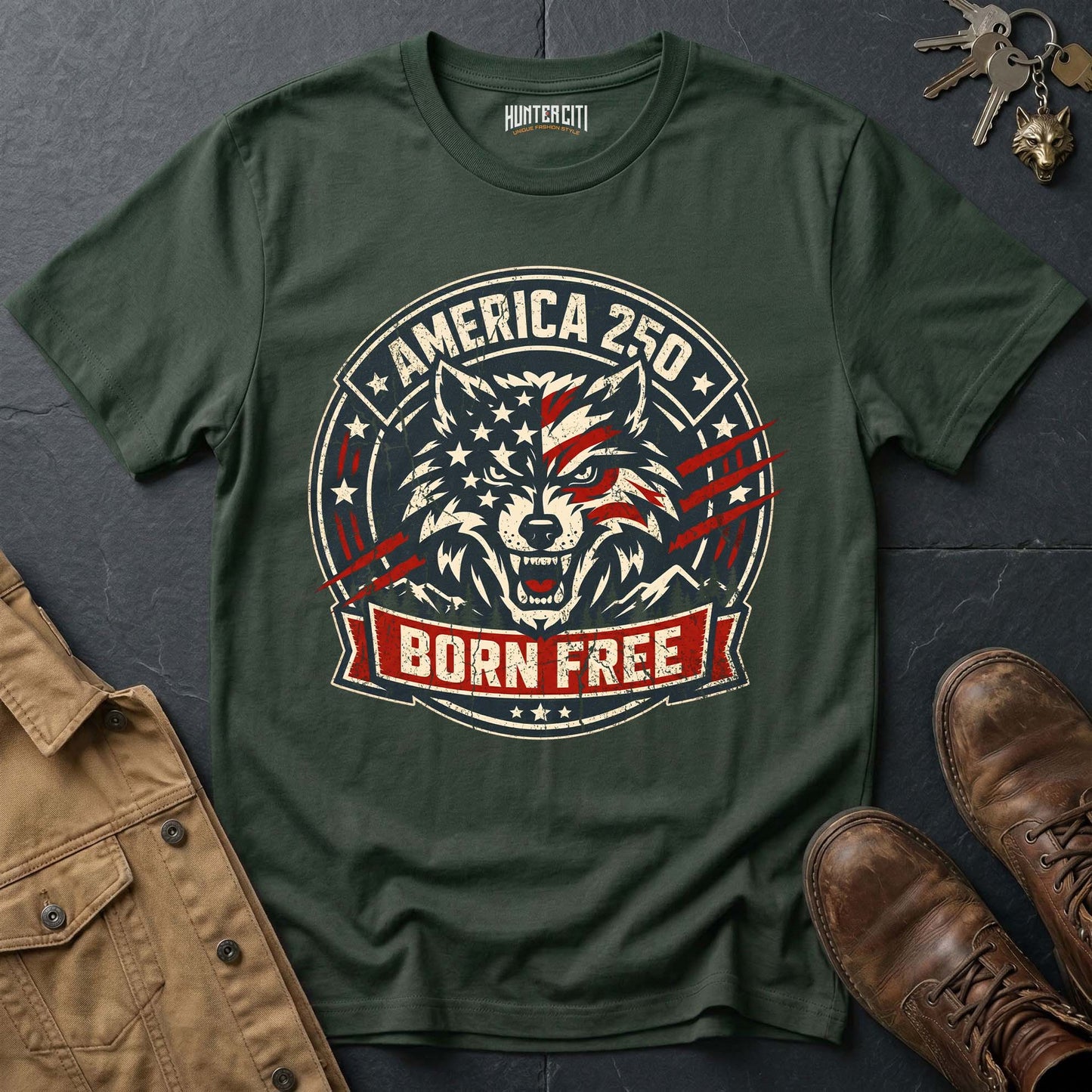 America 250 Born Free T-Shirt - Patriotic Wolf Badge USA Anniversary Graphic Tee 1776 2026 Born Free Gift for Men