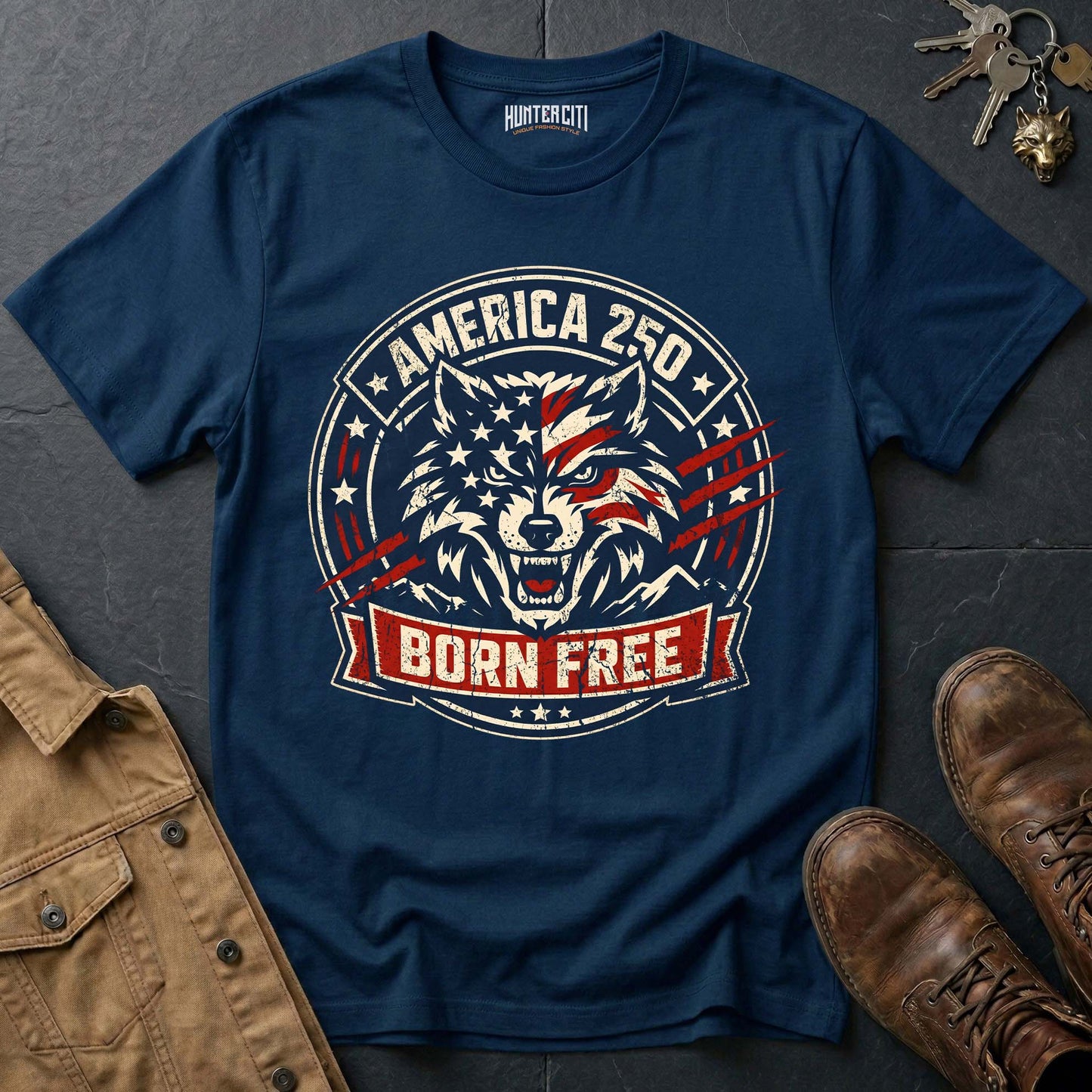 America 250 Born Free T-Shirt - Patriotic Wolf Badge USA Anniversary Graphic Tee 1776 2026 Born Free Gift for Men