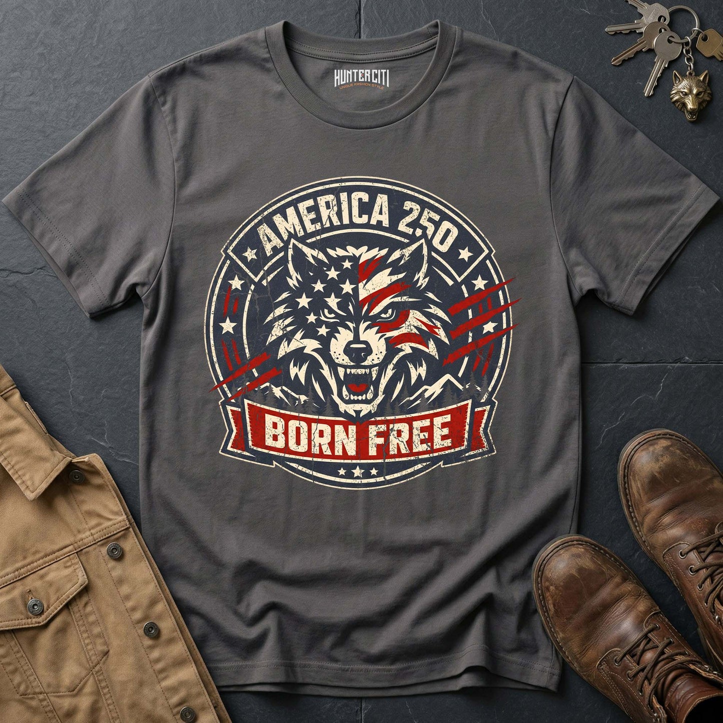 America 250 Born Free T-Shirt - Patriotic Wolf Badge USA Anniversary Graphic Tee 1776 2026 Born Free Gift for Men