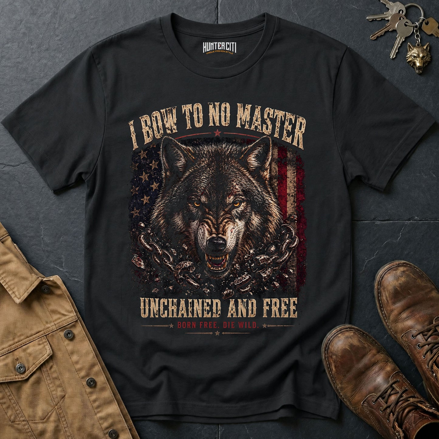 I Bow to No Master Unchained and Free T-Shirt - Patriotic Wolf Graphic Tee Born Free Die Wild USA Gift for Men