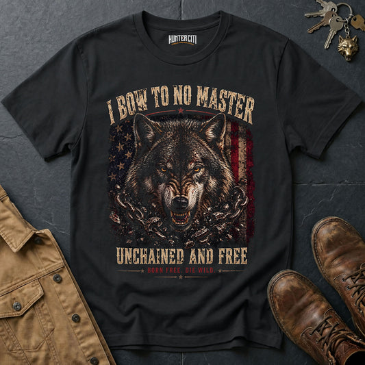 I Bow to No Master Unchained and Free T-Shirt - Patriotic Wolf Graphic Tee Born Free Die Wild USA Gift for Men