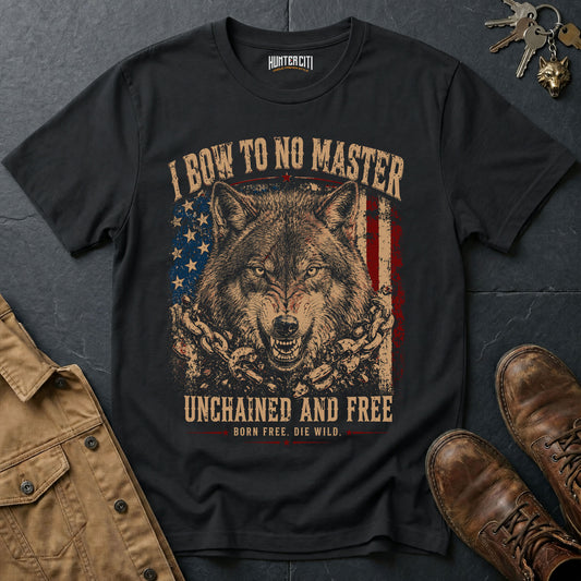 I Bow to No Master Unchained and Free T-Shirt - Patriotic Wolf Graphic Vintage Tee Born Free Die Wild USA Gift for Men