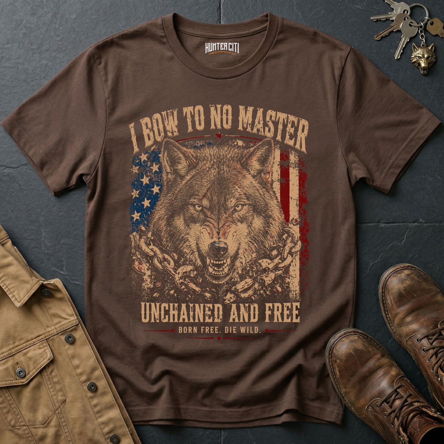 I Bow to No Master Unchained and Free T-Shirt - Patriotic Wolf Graphic Vintage Tee Born Free Die Wild USA Gift for Men