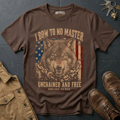 I Bow to No Master Unchained and Free T-Shirt - Patriotic Wolf Graphic Vintage Tee Born Free Die Wild USA Gift for Men