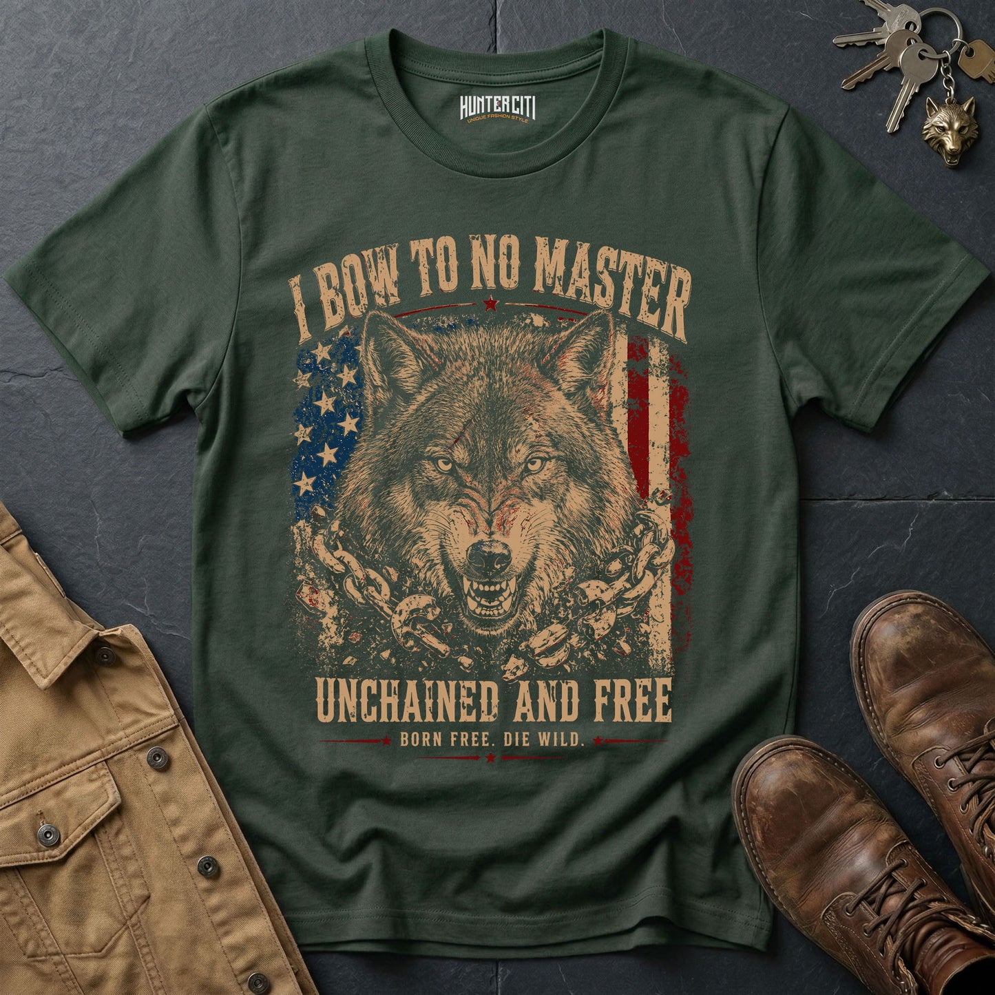 I Bow to No Master Unchained and Free T-Shirt - Patriotic Wolf Graphic Vintage Tee Born Free Die Wild USA Gift for Men