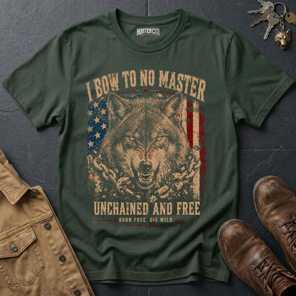 I Bow to No Master Unchained and Free T-Shirt - Patriotic Wolf Graphic Vintage Tee Born Free Die Wild USA Gift for Men
