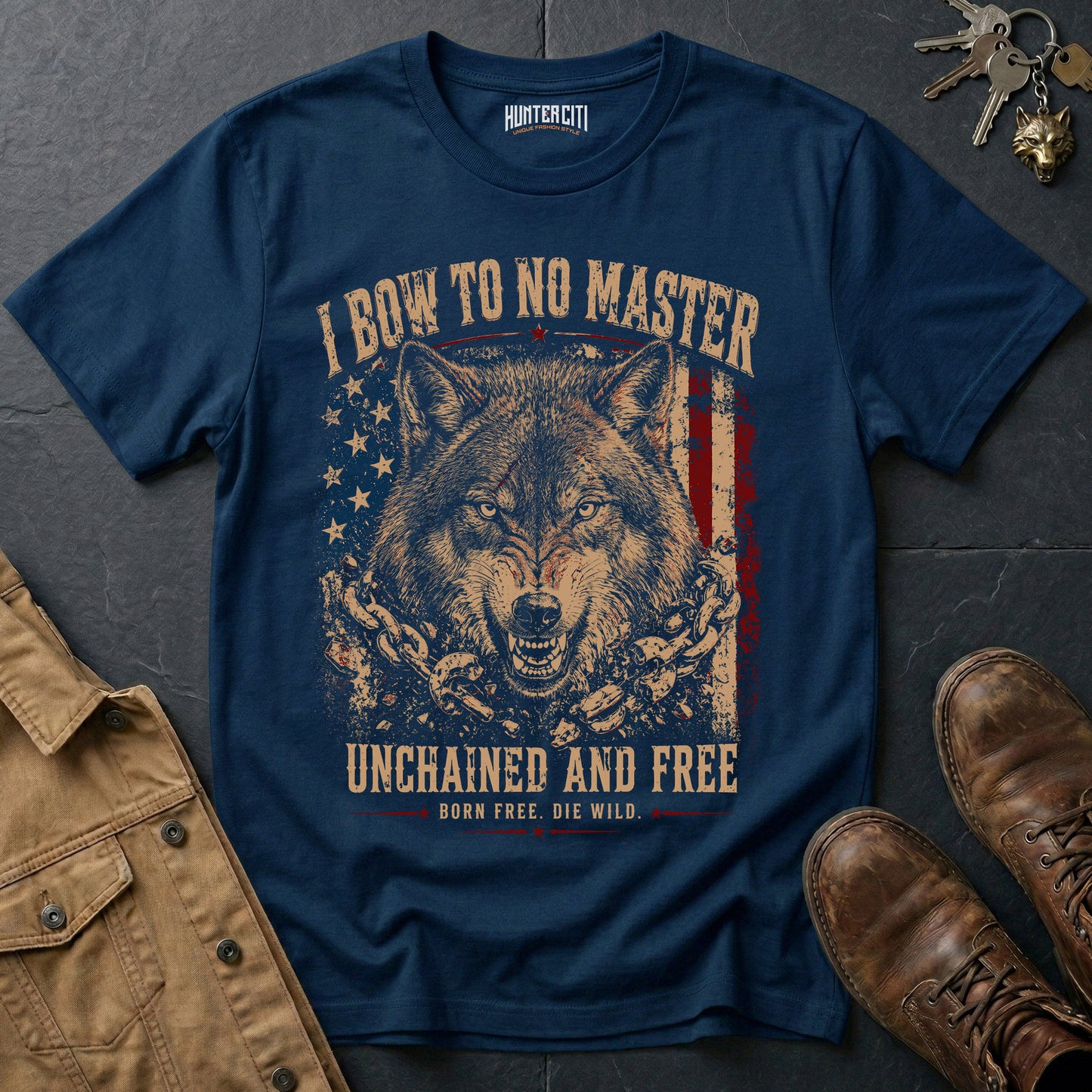 I Bow to No Master Unchained and Free T-Shirt - Patriotic Wolf Graphic Vintage Tee Born Free Die Wild USA Gift for Men