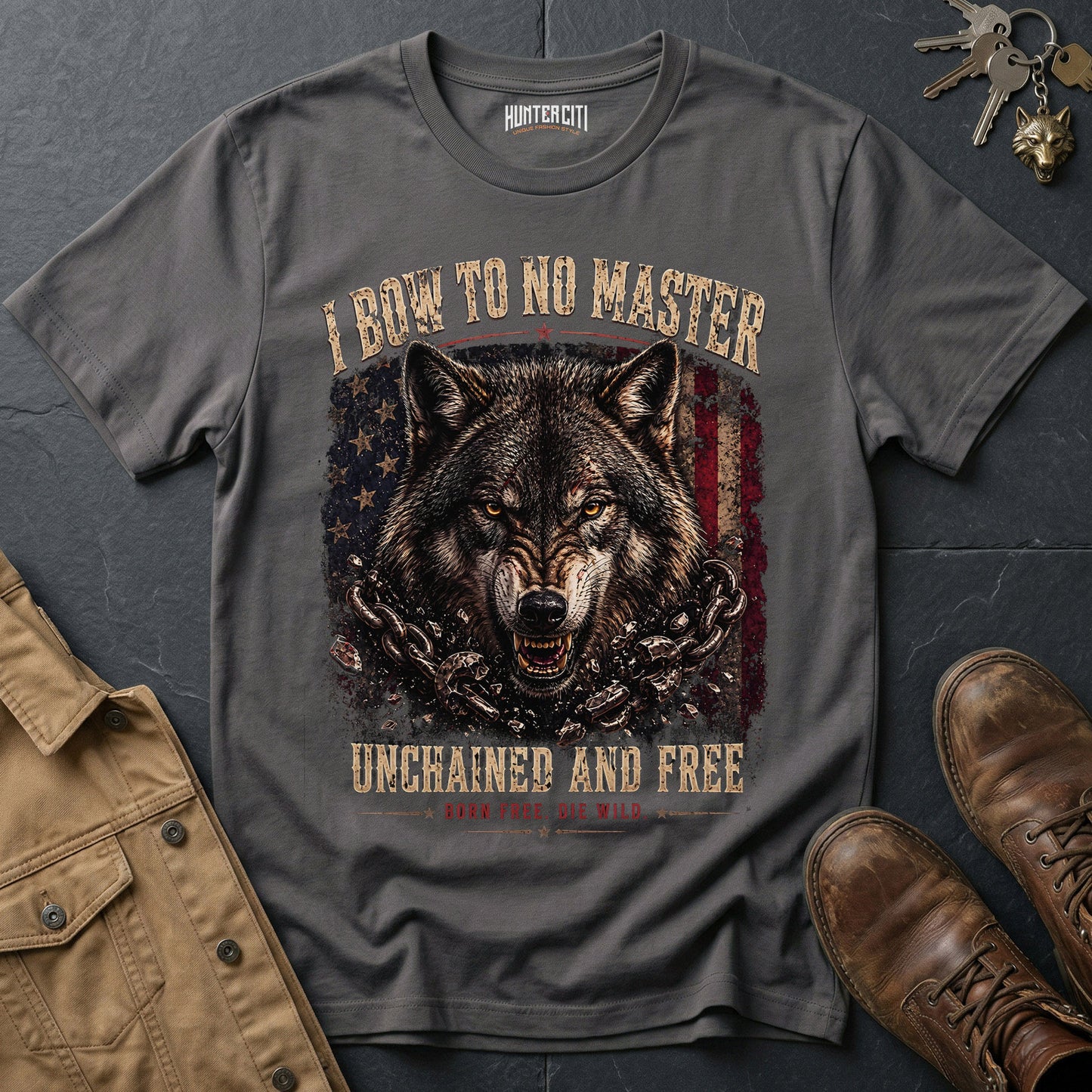 I Bow to No Master Unchained and Free T-Shirt - Patriotic Wolf Graphic Tee Born Free Die Wild USA Gift for Men