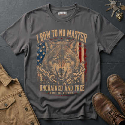 I Bow to No Master Unchained and Free T-Shirt - Patriotic Wolf Graphic Vintage Tee Born Free Die Wild USA Gift for Men