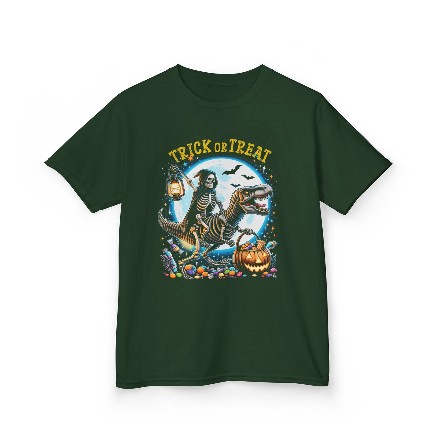 Skeleton Riding Mummy Dinosaur T Rex Halloween Funny Pumpkin Kids T-Shirt - Cute Dinosaur Skeleton Halloween Shirt for Boys & Girls