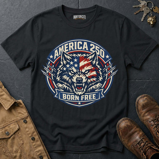America 250 Born Free Wolf T-Shirt - USA Anniversary Patriotic Bold Wolf Badge Graphic Tee 1776 2026 Gift for Men