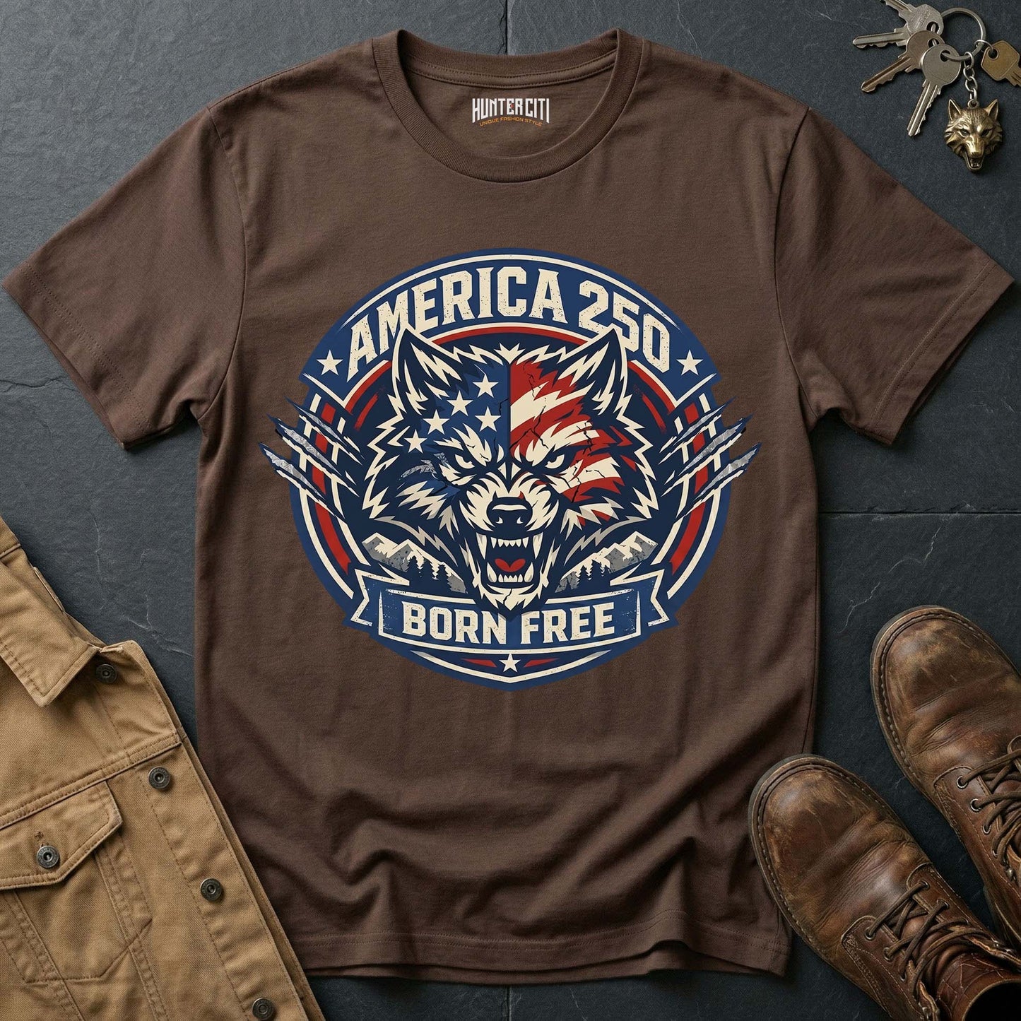 America 250 Born Free Wolf T-Shirt - USA Anniversary Patriotic Bold Wolf Badge Graphic Tee 1776 2026 Gift for Men