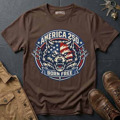 America 250 Born Free Wolf T-Shirt - USA Anniversary Patriotic Bold Wolf Badge Graphic Tee 1776 2026 Gift for Men