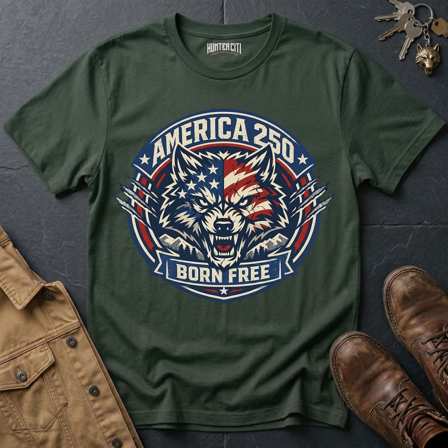 America 250 Born Free Wolf T-Shirt - USA Anniversary Patriotic Bold Wolf Badge Graphic Tee 1776 2026 Gift for Men