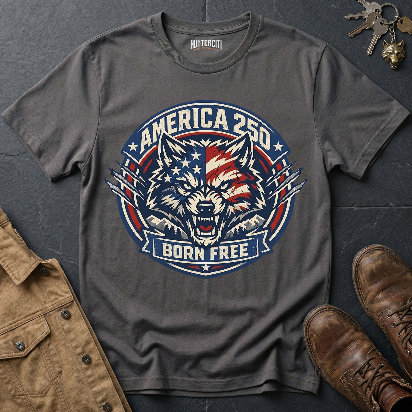 America 250 Born Free Wolf T-Shirt - USA Anniversary Patriotic Bold Wolf Badge Graphic Tee 1776 2026 Gift for Men