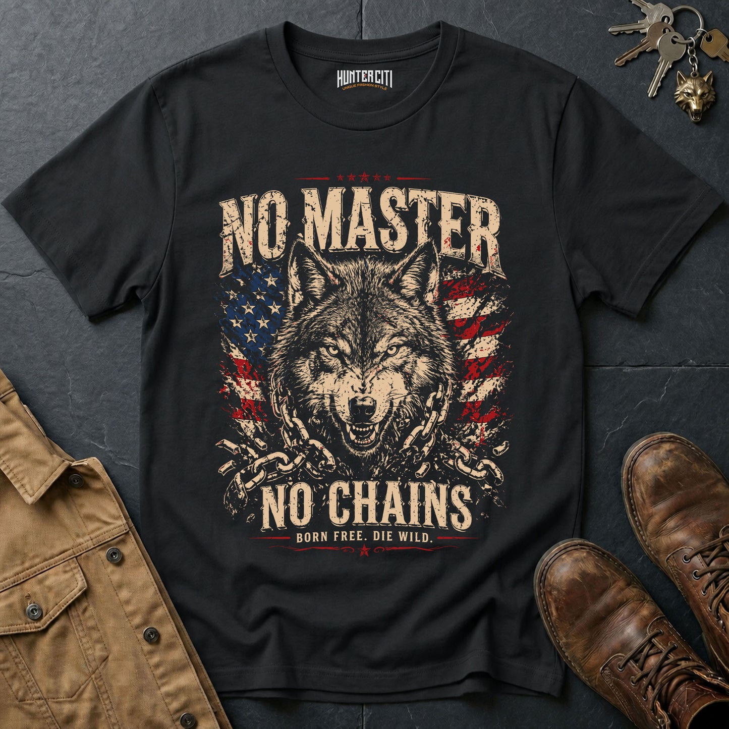 No Master No Chains Born Free Die Wild T-Shirt Patriotic Wolf Graphic Vintage Tee American Freedom USA Gift for Men