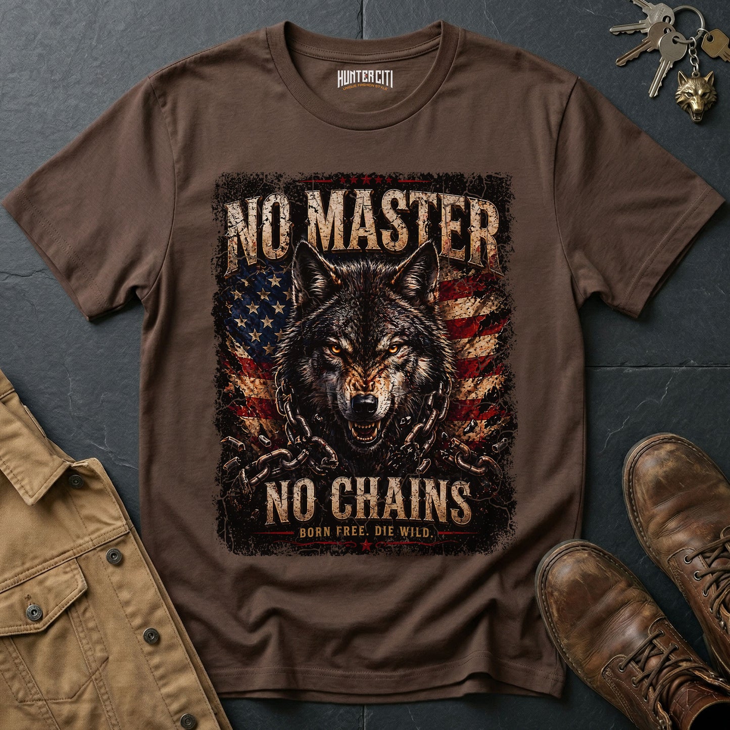 No Master No Chains Born Free Die Wild T-Shirt Patriotic Wolf Graphic Tee American Freedom USA Gift for Men