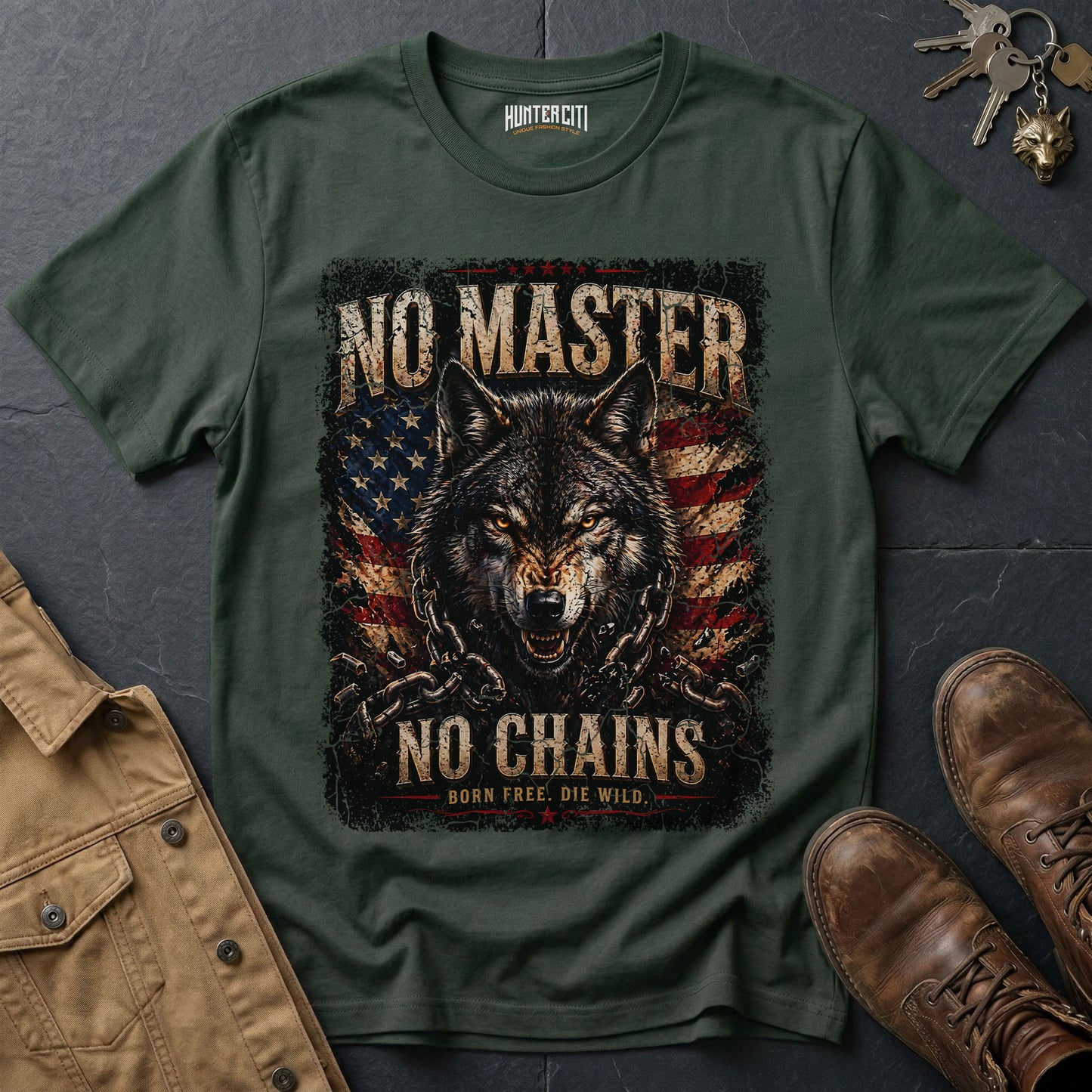 No Master No Chains Born Free Die Wild T-Shirt Patriotic Wolf Graphic Tee American Freedom USA Gift for Men