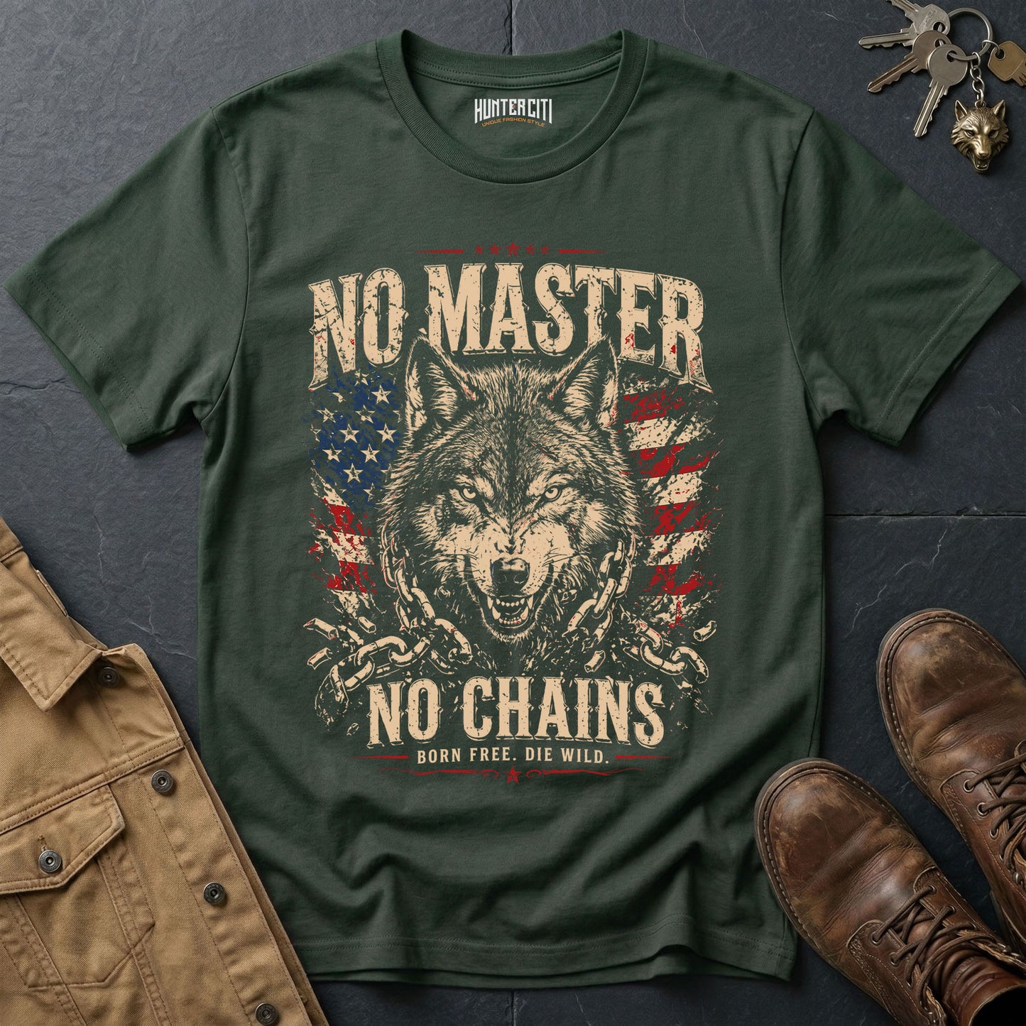 No Master No Chains Born Free Die Wild T-Shirt Patriotic Wolf Graphic Vintage Tee American Freedom USA Gift for Men