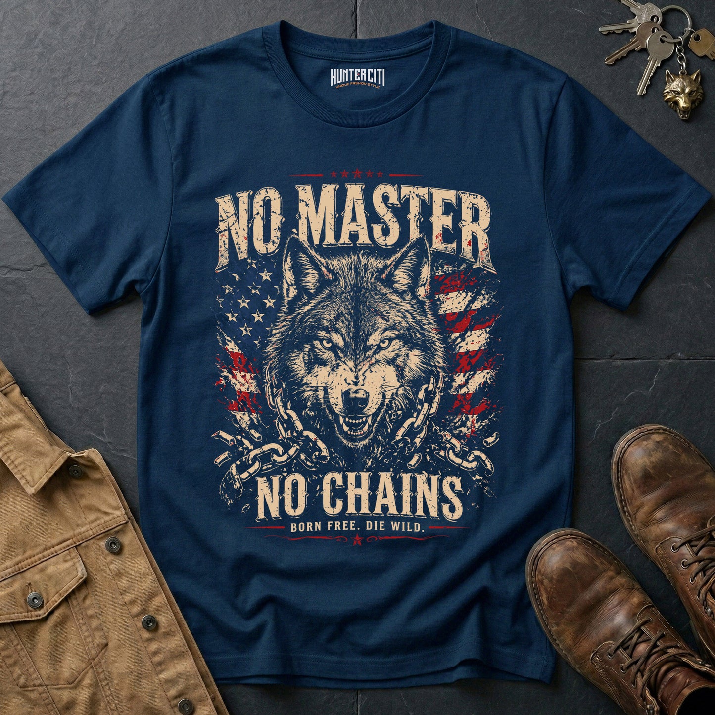 No Master No Chains Born Free Die Wild T-Shirt Patriotic Wolf Graphic Vintage Tee American Freedom USA Gift for Men