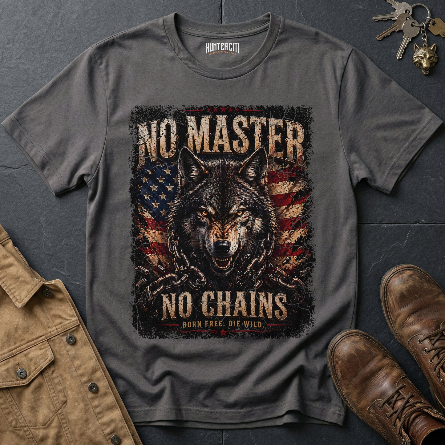 No Master No Chains Born Free Die Wild T-Shirt Patriotic Wolf Graphic Tee American Freedom USA Gift for Men