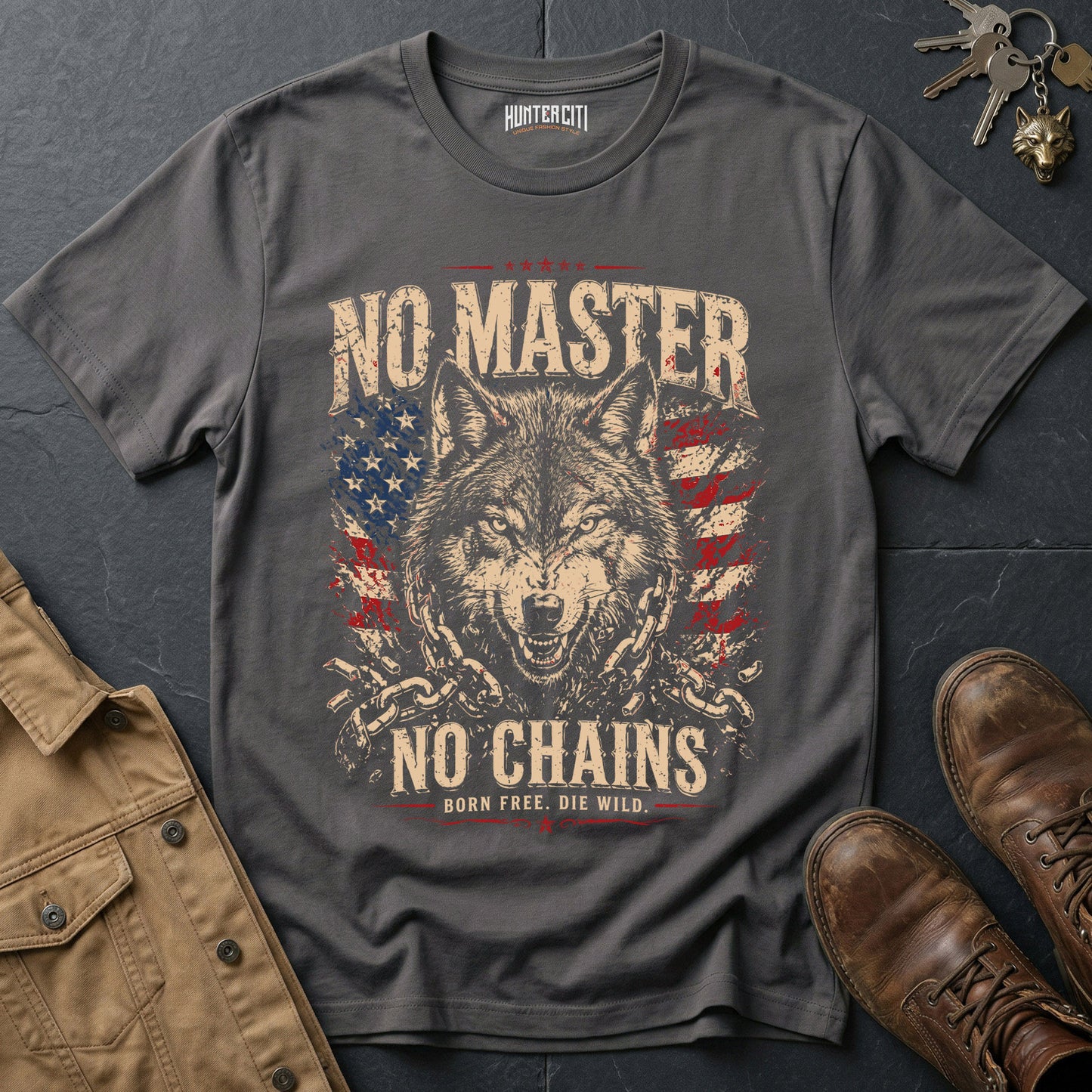 No Master No Chains Born Free Die Wild T-Shirt Patriotic Wolf Graphic Vintage Tee American Freedom USA Gift for Men