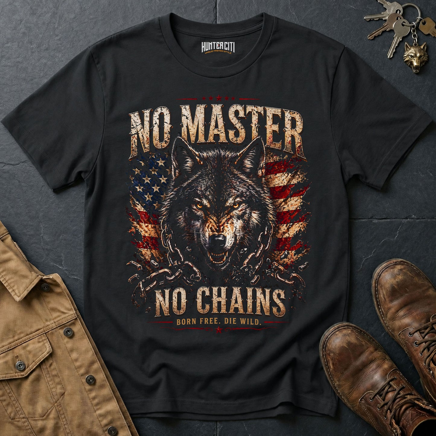 No Master No Chains Born Free Die Wild T-Shirt Patriotic Wolf Graphic Tee American Freedom USA Gift for Men