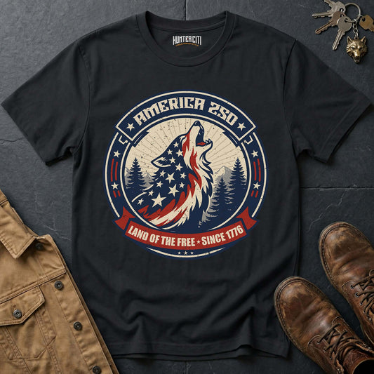 America 250 Land of the Free Wolf T-Shirt Since 1776 Howling Wolf USA Anniversary Patriotic Badge Tee Gift