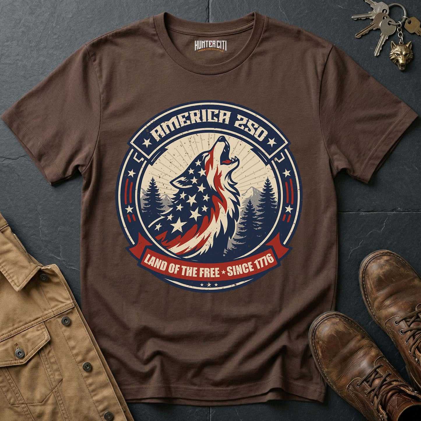 America 250 Land of the Free Wolf T-Shirt Since 1776 Howling Wolf USA Anniversary Patriotic Badge Tee Gift