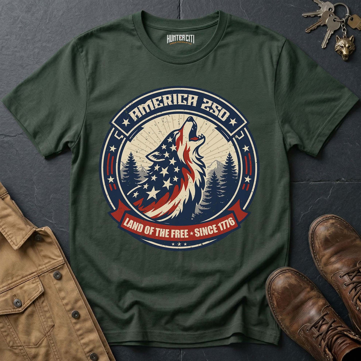 America 250 Land of the Free Wolf T-Shirt Since 1776 Howling Wolf USA Anniversary Patriotic Badge Tee Gift