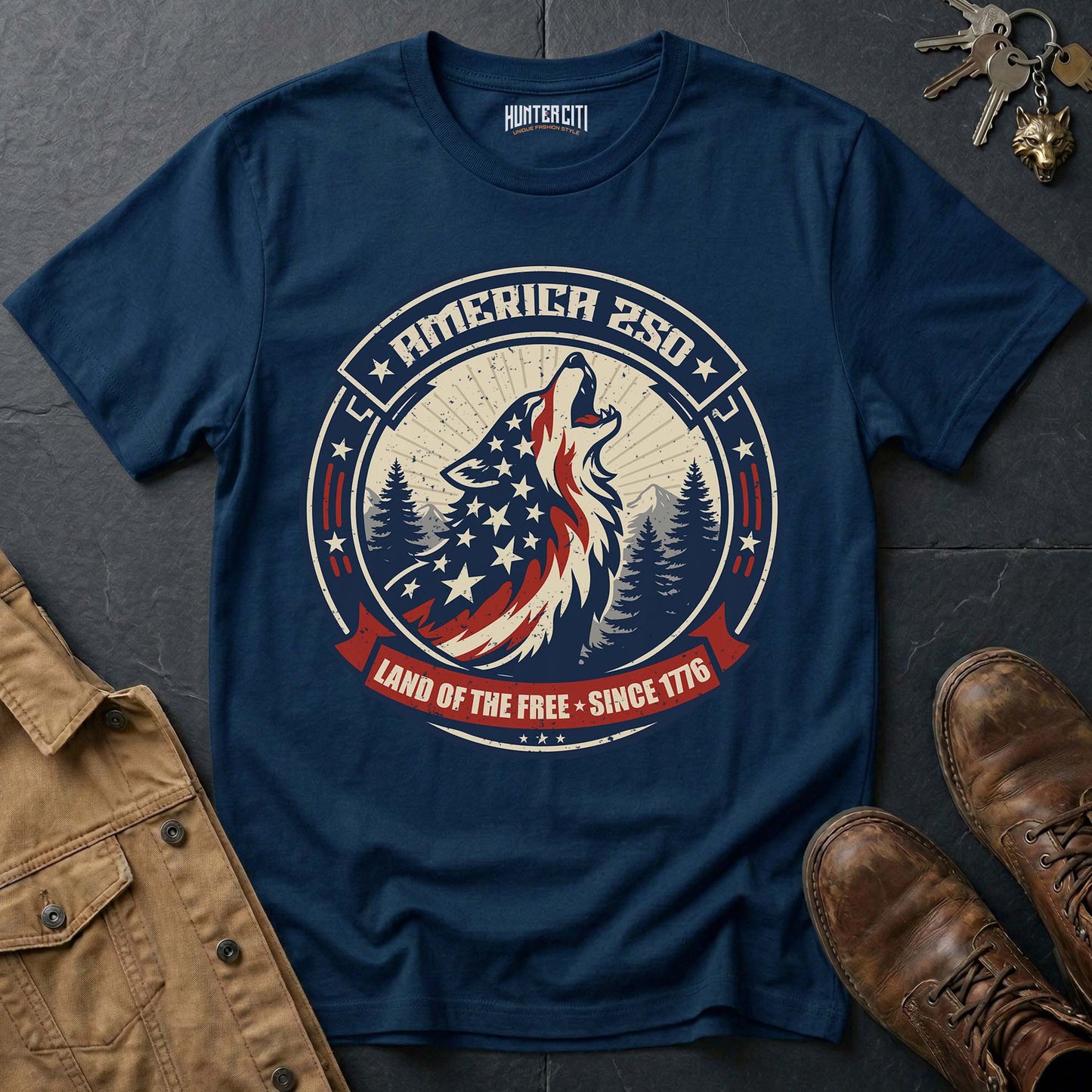 America 250 Land of the Free Wolf T-Shirt Since 1776 Howling Wolf USA Anniversary Patriotic Badge Tee Gift